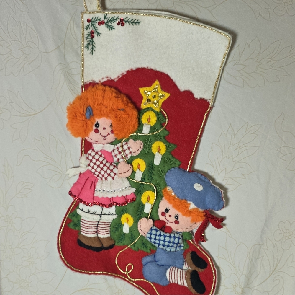 Vintage Christmas Stocking RARE Sparkles And Felted